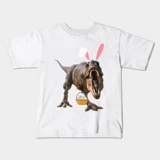 Easter T Rex with bunny ears and easter basket Kids T-Shirt